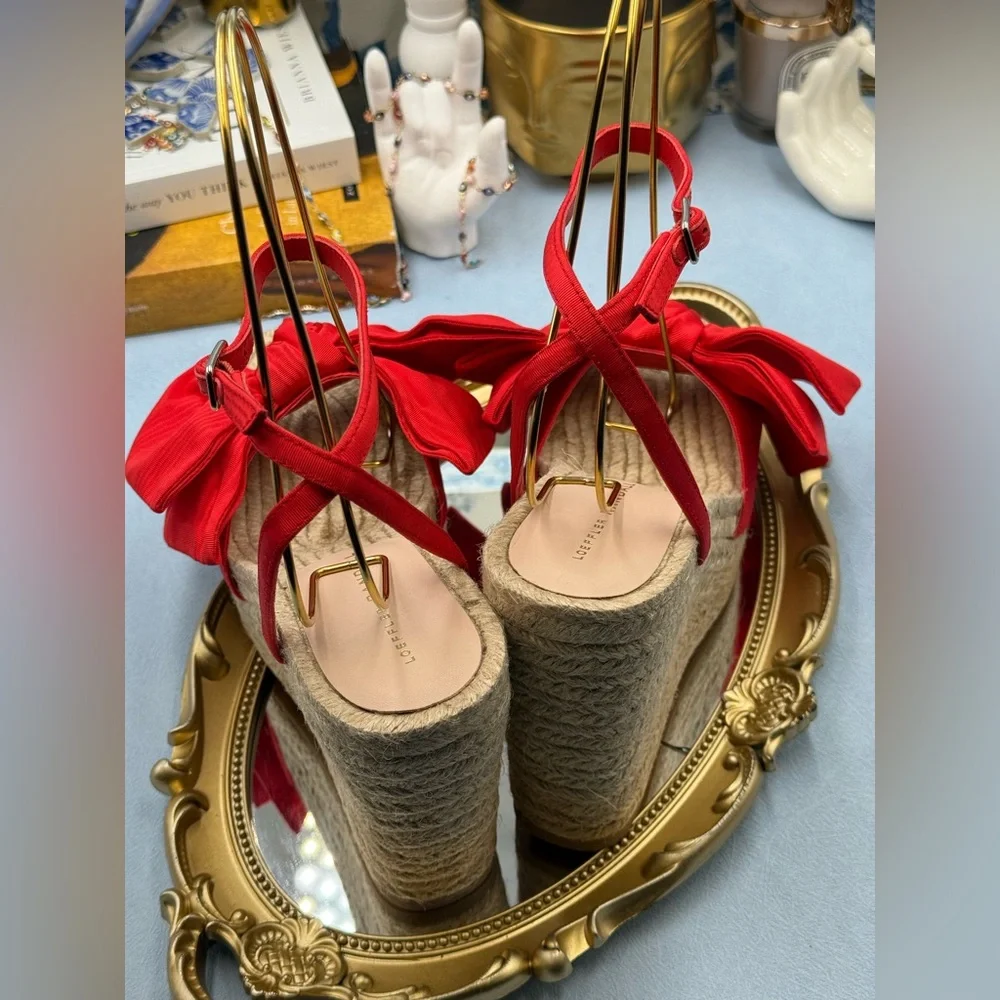 🆕 LOEFFLER RANDALL 🧿 NWOB Angelina Red Moiré Bow Wedge Espadrille, Sz 7